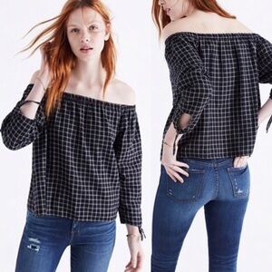NWT Madewell Windowpane Off the Shoulder Top Medium Blank & White